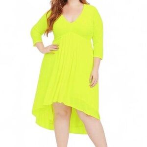 Torrid Dress Sz 1XL Vibrant Neon Yellow Studio Knit Hi-Lo Pleated Feminine